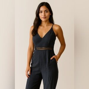 Main Strip NWT‎ linen cropped wide leg jumper romper black cutout size small